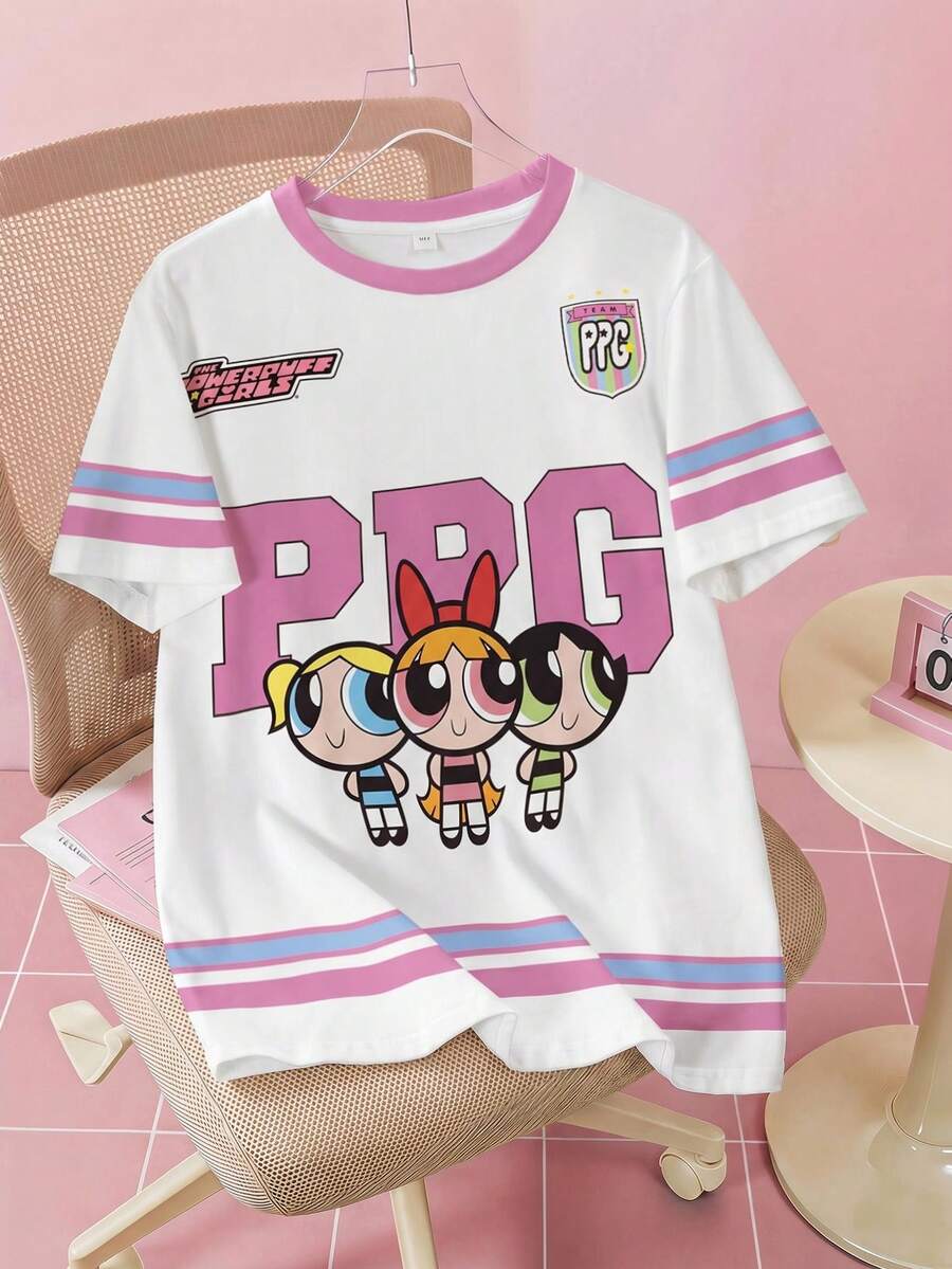 THE POWERPUFF GIRLS X SHEIN Tween Girl Letter Print Crew Neck Short Sleeve Casual T-Shirt - White - View 1