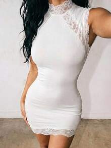SHEIN ICON Women's Solid Color Contrast Lace Fashion Slim Fit Sleeveless Mini Dress - White - View 3
