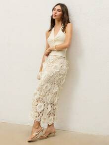 CielaLinda Women's Embroidered Eyelet Lace Skirt, Elegant Romantic Summer Wedding Beige - Apricot - View 5
