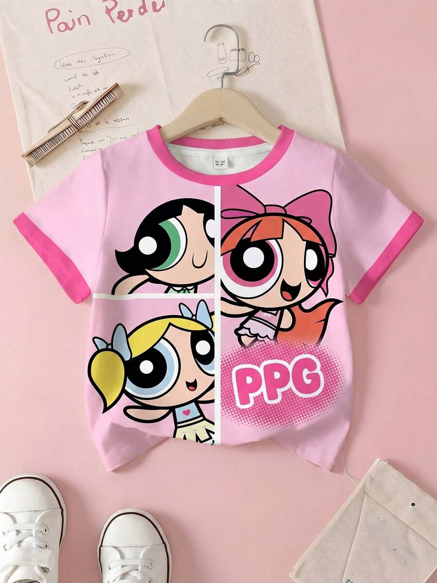 THE POWERPUFF GIRLS X SHEIN Young Girl Casual Cartoon Pattern Trim Round Neck Short Sleeve T-Shirt, Summer - White - View 1