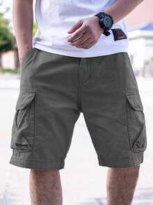 Manfinity Homme Loose Fit Men's Cargo Shorts With Flap Pockets, Side Drawstring Waist - Dark Grey - View 3