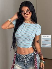 Coolane 女款春季街頭風外出休閒復古日常穿搭條紋彈性舒適棕色胸衣式露背T恤 - 藍色 - 查看 4