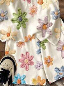 Tween Girl Casual Minimalist Cute Fun Textured Floral Print Short Sleeve T-Shirt And Shorts 2-Piece Set Suitable For Summer - Multicolor - View 7