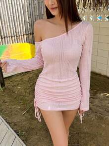 DAZY 女款夏季不對稱領抽繩抓皺沙灘罩衫 性感極簡半透長袖泳裝上衣 - 藕粉色 - 查看 2