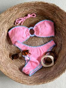 Swim Mod Pink & Blue Sweet Vacation Women's Bikini Set, Hollow-Out Design On Chest, Suitable For Beach Holiday - Multicolor - View 7