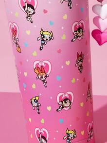THE POWERPUFF GIRLS X SHEIN 500ml /16 Oz 真空保溫不鏽鋼杯，1個防漏蓋，適用於熱飲/冷飲，適用於大多數杯架 - 粉色 - 查看 4
