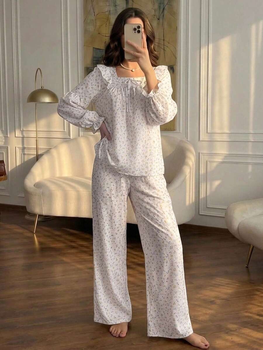 DAZY Sweet Ditsy Floral Ruffle Trim Women Pajama Set - White - View 1