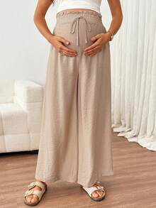 SHEIN Maternity Spring/Summer Comfortable Elastic Waist Drawstring Solid Color Long Pants Suitable For Beach, Holiday, Vacation,,Autumn Outfit For Women - Khaki - View 8