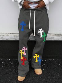 PAVTROS Men's Fashion Versatile Drawstring Waist Cross Embroidery Sweatpants With Pockets - Dark Grey - View 4