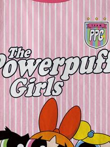 THE POWERPUFF GIRLS X SHEIN 年轻女孩夏季条纹花朵、泡泡、毛茛图案圆领短袖 T 恤 - 白色 - 查看 5