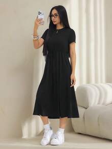 SHEIN PETITE 女款素色圓領百褶休閒派對短袖洋裝 - 黑色 - 查看 8
