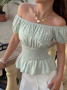 Modelyn Off-Shoulder Short Sleeve Cinched Waist Slim Fit Blouse, Spring/Summer Date Brunch Daytime Tea Party Golf Sage Green Elegant Romantic Sexy - Green - View 8