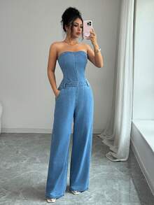 Selianne Sommerlicher, lässig-eleganter, schicker, trägerloser Jumpsuit aus dunkelindigofarbenem Denim mit Taillengürtel, Taschen, Business-lässig-Mode, weitem Bein und Jeansbein – perfekt für den Unabhängigkeitstag. - Blau - Übersicht 7