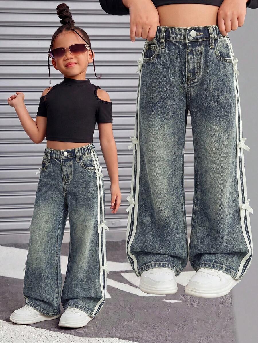 Young Girl Y2k Fashion Side Strap Bow Vintage Washed Dark Blue Denim Loose Baggy Jeans, Fall/Winter, For Back-To-School - Dark Wash - View 1