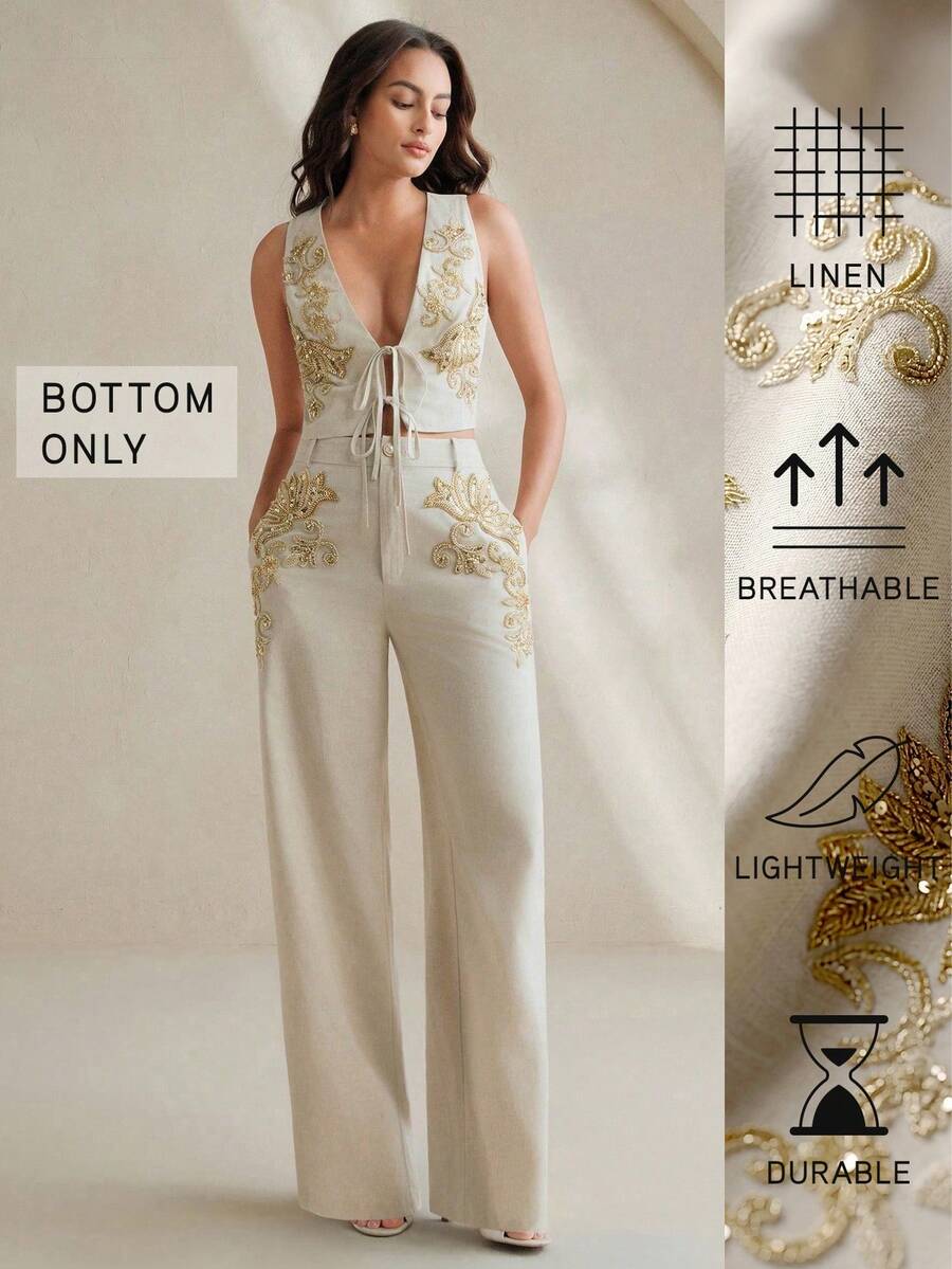 Anewsta Women's Elegant Sequin 3D Floral Decor Pocket Long Pants - Apricot - View 1