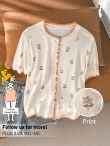 CosyJoli Women's Contrast Color Print Round Neck Short Sleeve Cardigan, Spring/Summer Fall/Winter - Apricot - View 6