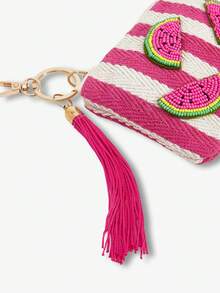 Viva Strut 1 Peça Fashionable, Simples, Personalizado e Divertido, Primavera e Verão Vento, Chaveiro de Contas de Melancia Vermelho-Rosa Listrado Feito à Mão com Franjas, Bolsa de Troca, Praia e Férias de Verão à Beira-Mar, Melhor Presente - Rosa vermelha e branca - Visão 5