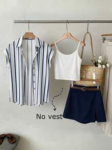 SHEIN LUNE Women Navy And White Striped Shirt And A-Line Skort Two Pieces Set,Short Sleeve Button Down Top Solid Skort,Summer,Smart Casual,Elegant,Vacation - Blue and White - View 4