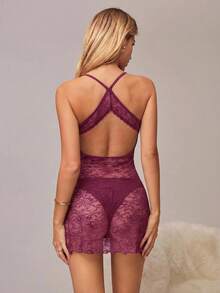 SHEIN 女款對比蕾絲露背性感吊帶睡裙 - 紫色 - 查看 2