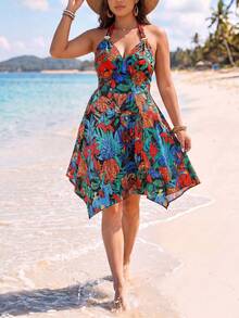 Breezaya Plus Size Women's Summer Beach Vacation Tropical Pineapple Print Backless Tie Front Dress - Multicolor - View 4