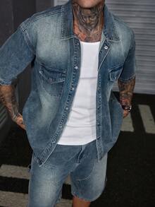 DAZY Blue Washed Denim Short Sleeve Top And Shorts Set For Men - Blue - View 5