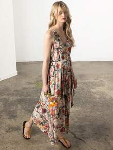 KÆRIA Hus Rove Maxi Dress - Georgette, Floaty, Sleeveless, Deep V-Neck, Half Sleeve, Belted, Long, Multi-Color Floral, Tiered - Floral - Boho, Wedding - Multicolor - View 5