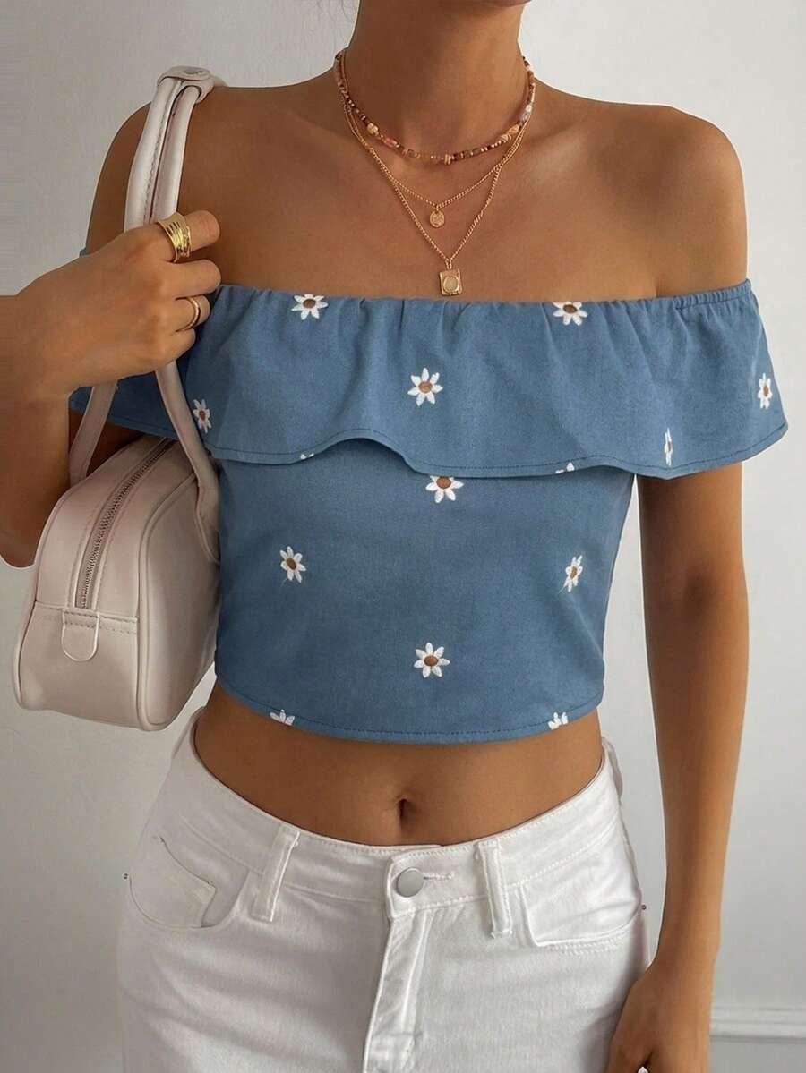 DAZY 女款夏季度假風花卉刺繡滿版印花細肩帶背心 極簡性感休閒外出上衣 - 藍色 - 查看 1