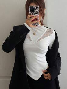 DAZY 女款保暖內裡修身高領套頭T恤 - 白色 - 查看 4