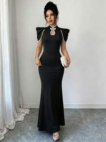 Elenzga Damen-Modekleid mit Stickerei, vielseitig, Froschknopf und Fischschwanz-Saum - Schwarz - Übersicht 4
