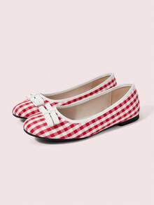 CUCCOO DOLLMOD Zapatos de mujer, a cuadros rojos y blancos, con lazo, dulces, de moda, retro, de vamp bajo, de temperamento femenino suave, finos y versátiles, zapatos Mary Jane, para citas, simples, elegantes, lindos, casuales, bailarinas diarias - Rojo - Ver 2