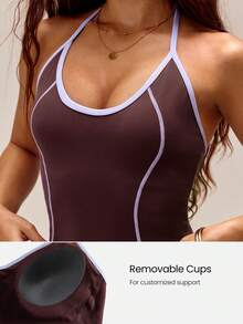 GLOWMODE FeatherFit™ In It To Win It Soft Sweat-Wicking Lightweight Colorblock Halter Tank Top With Removable Cups Yoga Pilates Studio Daily Active Wear - Brown - View 3