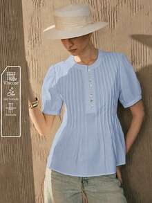SHEIN Women's Viscose Woven Fabric Round Neck Raglan Sleeve Striped Casual Shirt - Baby Blue - View 2