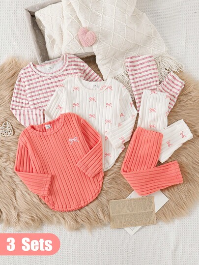 SHEIN Playful Pals Baby Girl Bow Print, Striped, Solid Color Long Sleeve Set
