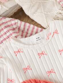 SHEIN Playful Pals Baby Girl Bow Print, Striped, Solid Color Long Sleeve Set - Pink - View 5
