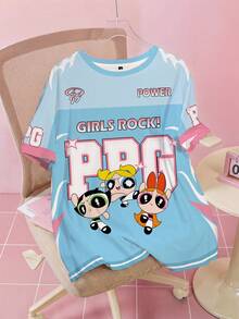 THE POWERPUFF GIRLS X SHEIN Plus Size Women's Round Neck Short Sleeve T-Shirt - White - View 1