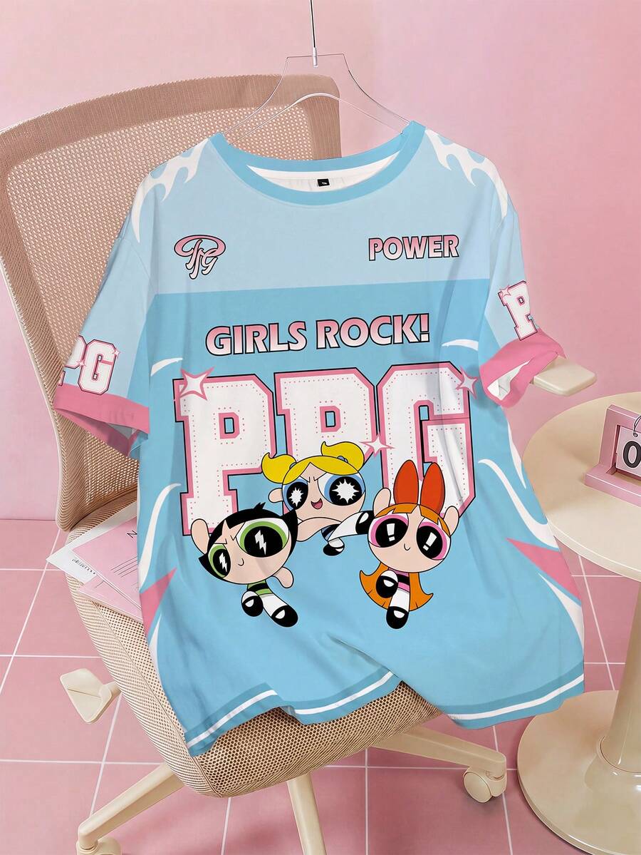 THE POWERPUFF GIRLS X SHEIN Plus Size Women's Round Neck Short Sleeve T-Shirt - White - View 1