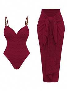 Swim Oasis 2pcs/Set Summer Vacation Sexy Underwire Backless Spaghetti Strap Women's One-Piece Swimsuit & Square Scarf Long Dress - Red - View 1