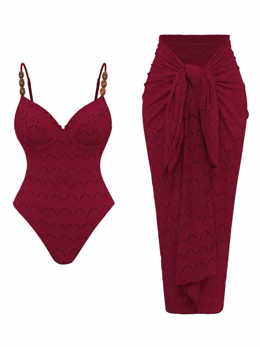 Swim Oasis 2pcs/Set Summer Vacation Sexy Underwire Backless Spaghetti Strap Women's One-Piece Swimsuit & Square Scarf Long Dress - Red - View 1