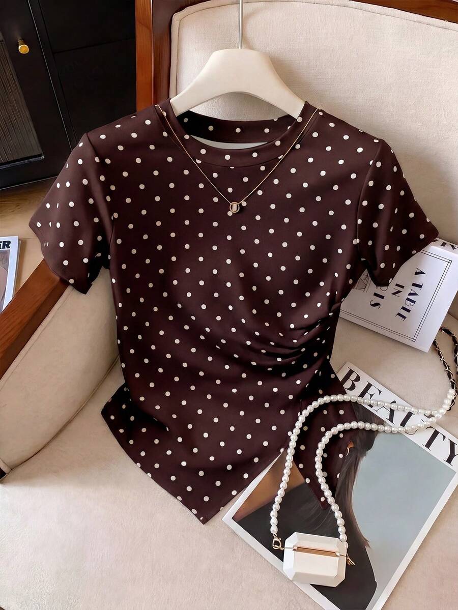 EMERY ROSE Camiseta de manga corta con cuello redondo y lunares para mujer - Multicolor - Ver 1