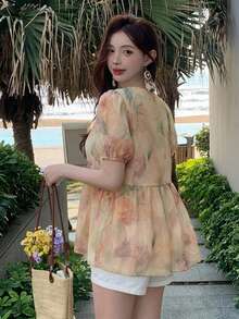 DAZY 女款休閒度假夏季上衣，滿版花卉、寬鬆長袖圓領可愛上衣 - 粉色 - 查看 2
