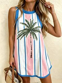 Vaclyn Women's Round Neck Beach Vacation Style Color Block Striped Coconut Tree Pattern Mini Dress - Multicolor - View 3