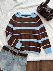 Comfortcana Suéter de punto de talla grande con bloques de color, rayas retro y hombro asimétrico para otoño/invierno - Multicolor - Ver 9