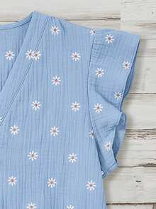EMERY ROSE Daisy Pattern Ruffle Sleeve Single-Breasted Plus Size Shirt - Blue - View 4