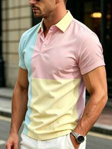 Manfinity Dauomo Camisa polo de botones para hombre con bloqueo de color para el verano - Multicolor - Ver 3