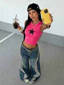 StreetHx Tank Top Crop Leher Bulat Motif Bintang Hitam Modis untuk Wanita - Hot Pink - View 4