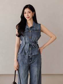 DAZY Damen lässiges Set aus locker sitzender ärmellose Bluse und gerader Jeans, geeignet für Frühling und Sommer - Blau - Übersicht 4