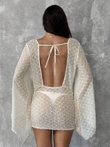 Aloruh Women's Summer New Apricot Elegant Sexy Beach Vacation Romantic Date Fashionable Hot Girl Jacquard Textured Polka Dot Sheer Cowl Neck Waist-Defining Flared Sleeve Backless Lace-Up Fitted Cover-Up Dress - Apricot - View 2
