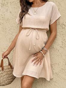 SHEIN Boat Neck Solid Color Waist Bowknot Decor Maternity Dress - Apricot - View 3