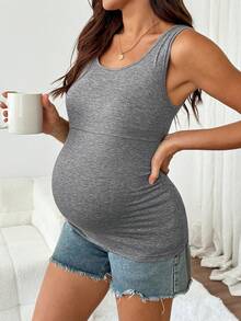 SHEIN 孕婦純色圓領哺乳功能休閒日常百搭背心上衣 - 灰色 - 查看 4
