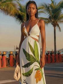 CAJUNI Women's Vacation Letter Tropical Plant Print Waist Cutout Cami Dress - Multicolor - View 7